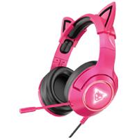 Esta es la imagen de audifonos gamer ocelot tipo diadema/over-ear/usb/3.5mm/color rosa con negro/alambricos/iluminacion blanca/control de audio/microfono cancelacion de ruido/ajustables/multiplataforma