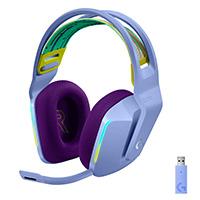 Esta es la imagen de audifonos gaming tipo diadema logitech g733 lightspeed lilac inalambrico usb 1ms recargable 29hrs de uso 20 metros 7.1 canales microfono blue voice rgb lightsync