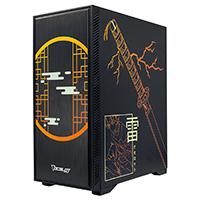 Esta es la imagen de gabinete ocelot gaming negro con amarillo y diseño anime/media torre/soporta 8 ventiladores de 120mm/soporta gpu 3400mm/cristal templado/sin fuente/factor de forma atx/ frontal liso.