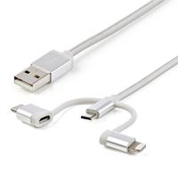 Esta es la imagen de cable trenzado de 1m usb a lightning usb-c y micro usb - cable cargador para telfono celular iphone ipad tablet - startech.com mod. ltcub1mgr
