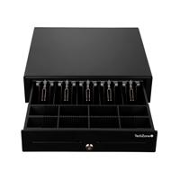 Esta es la imagen de cajon de dinero - techzone - tzbe4b8m90 - compartimento para 4 billetes y 8 monedas - gaveta removible - 3 sistemas de apertura - negro