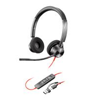 Esta es la imagen de diadema hp poly 8x215aa blackwire c3310/ alambrica monoaural usb-a usb-c reduccion de ruido con microfono control en el cable color negro con naranja