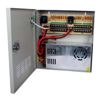 Esta es la imagen de fuente de poder saxxon 12v cd/ 30 amperes/ distribuidor para 18 camaras/ 1.65 amperes por canal/ce/ fcc/ certificacion ul