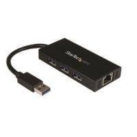 Esta es la imagen de hub usb 3.0 de aluminio con cable - concentrador de 3 puertos usb con adaptador de red ethernet gigabit externo - startech.com mod. st3300gu3b