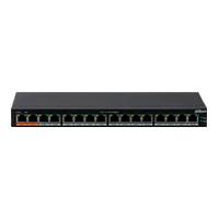 Esta es la imagen de switch poe/ dahua/ dh-pfs3016-16gt-190/ 16 pto poe gigabit/ 190 watts totales/ los 2 pto naranjas soportan hi-poe estandar/ switching 32 gbps/ tasa de reenvio de paquetes 23.808 mbps/ proteccion cont